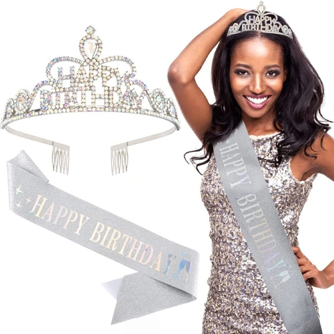 Happy Birthday Krone Und Schärpe Strass Legierung Diadem Glitzer Stoff Geburtstag Mädchen Party Dekorationen Für Frauen