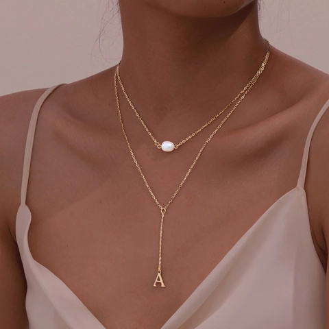 Collana con Iniziale a Y in Acciaio Inossidabile per Donna Placcata Oro Doppio Strato Pendente Perla Artificiale Gioielli