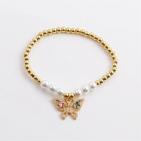 Butterfly Pendant Beaded Bracelet Copper Gold Beads Faux Artificial Pearl Zircon Inlay Elastic Fashion Jewelry For Women