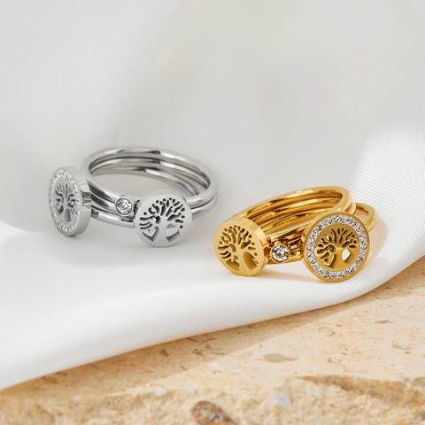 Tree Of Life Finger Rings Stainless Steel Rhinestone Sparkling Hollow Round Design Jewelry For Women