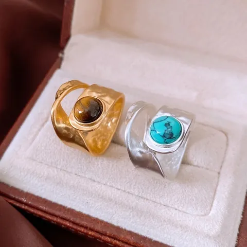 Bague Ouverte En Cuivre Martelé Rétro Avec Pierre Oeil De Tigre Ronde Vintage Bohème Large Réglable Bijoux Femmes