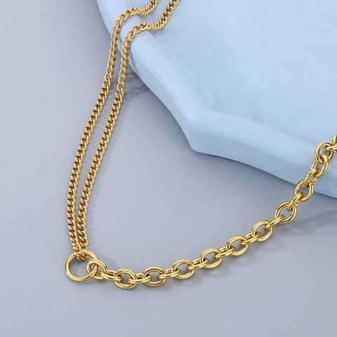 18K Gold Plated Stainless Steel Asymmetrical Necklace Cuban Rolo Chain O-Ring Unisex Street Trendy Hip Hop Minimalist