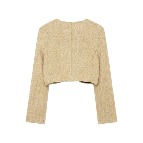 Champagne Goud Tweed Jas Met Lovertjes En Metaaldraad Elegante Lange Mouwen Korte Bovenkleding Voor Dames