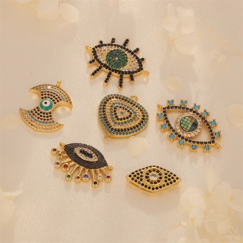 Evil Eye Charms Gold Plated Copper Colorful Zircon Shell Inlaid Connectors For DIY Bracelet Necklace Jewelry Making Trendy
