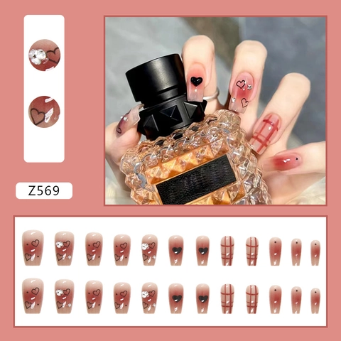 Süße Blush Gradient Coffin Künstliche Fingernägel Herz Karomuster Strass Dekoration Wearable Fake Nails Für Damen Maniküre