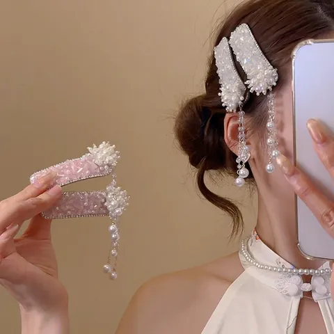 Eleganter Strass Kristall Haarklammer Mit Langen Künstliche Perlen Quasten Blumen Dekor Neuer Chinesischer Stil Seitenclip Für Frauen