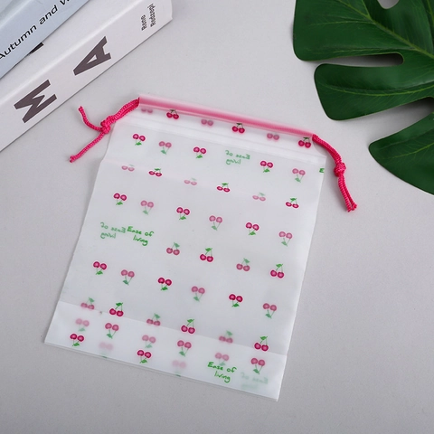 Drawstring Storage Bags Frosted PE Plastic Cherry Print Portable Organizer For Travel Clothing Towels Snacks