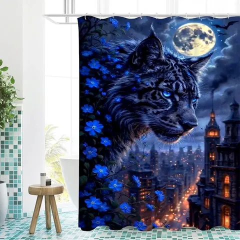 Fantasy Animal Leopard Lion Starry Night Fractal Pattern Shower Curtain Waterproof Polyester Fabric Bathroom Decorative Accessory Hooks