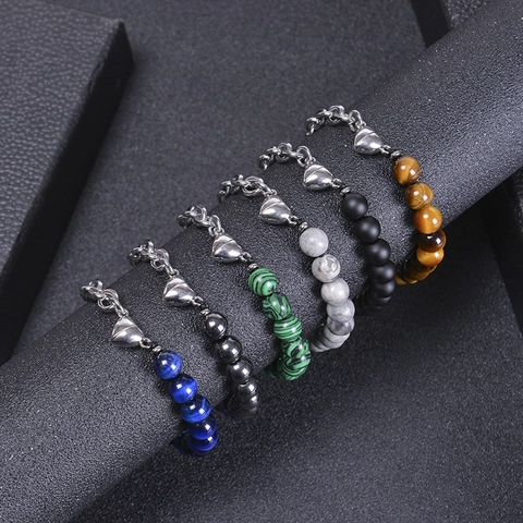 Magnetic Heart Clasp Bracelet Stainless Steel Chain Natural Stone Beaded Couple Jewelry For Men Women Handmade Gift