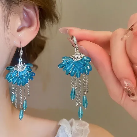 Elegante Lange Quasten Ohrhänger Zirkon Fächerförmig Kristall Blume Wassertropfen Mode Schmuck Für Damen