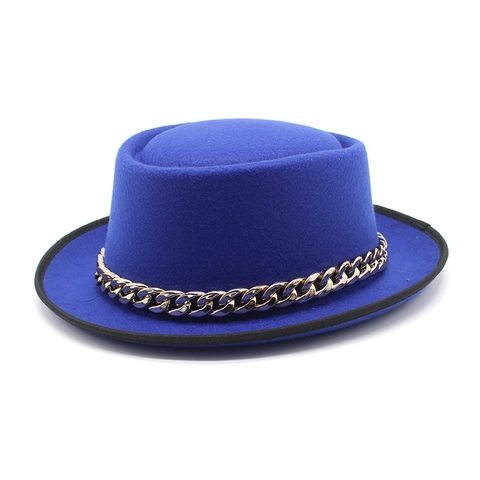 Chapeau Fedora En Feutre De Laine À Toit Plat Chaîne En Métal Doré Bord Large Style Britannique Élégant Accessoires Femmes