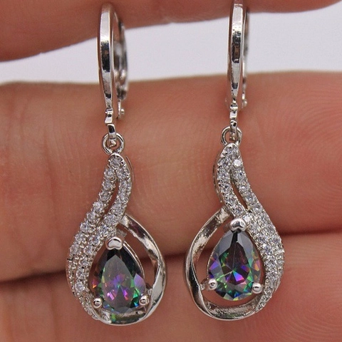 Boucles D'Oreilles Pendantes Goutte D'Eau Avec Zircon Arc-En-Ciel Mystique Cuivre Strass Ton Argent Bijoux Pour Femmes