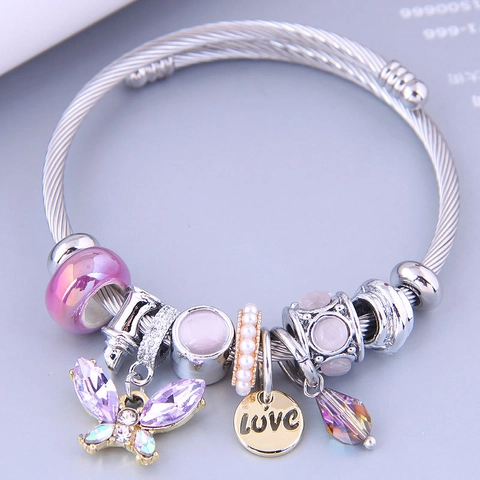 Vlinder Hanger Bedelarmband Roestvrij Staal Legering Strass Synthetische Kunstparel Gedraaide Kabeldraad Verstelbare Open Bangle