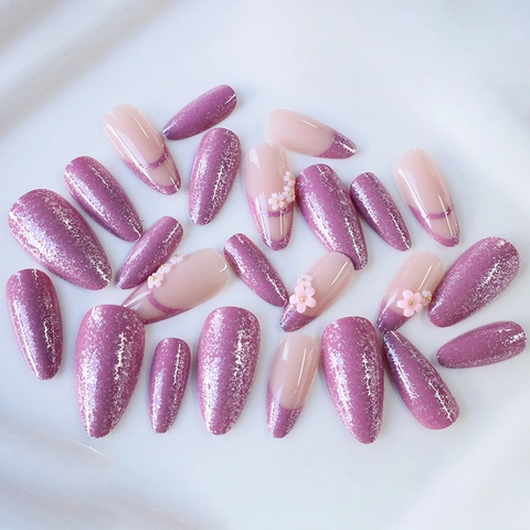 Long Almond Press On Nails Sweet Pink Cat Eye Glitter 3D Flower French Style Glossy ABS Artificial Fake Nails