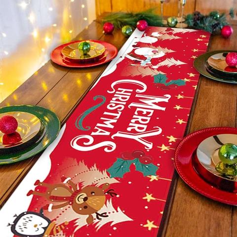 Runner Da Tavolo Natalizio Poliestere Stampa Merry Christmas Babbo Natale Pupazzo Di Neve Renna Casa Cucina Festa Decor