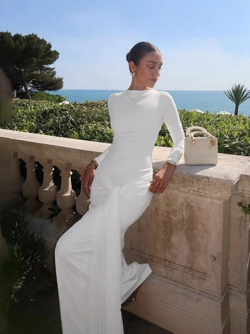 Dames Maxi Jurk Met Lange Mouwen Ruches Knoop Bodycon Effen Kleur Ronde Hals Elegant Vloerlengte Feest
