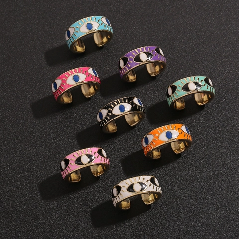 Anillo Abierto Ajustable Evil Eye De Cobre Chapado En Oro Esmalte Colorido Estilo Bohemio Joyería De Moda Para Mujer