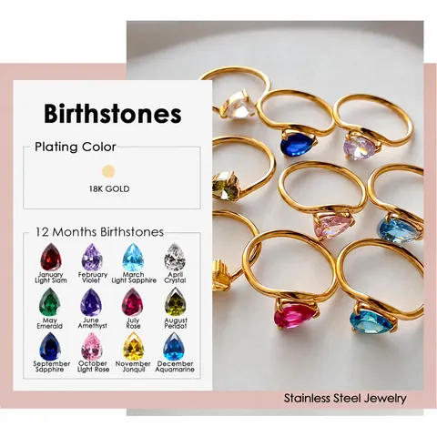 Ins Fashion Pear Cut Zirconia Birthstone Ring Stainless Steel Water Drop Minimalist Adjustable Ring For Women Jewelry Gift