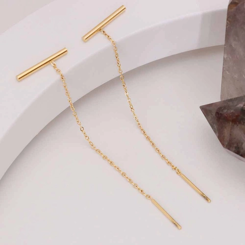 Minimalist 18K Gold Plated Titanium Steel Long Chain Threader Earrings For Women Elegant Geometric Line T-Bar Drop Earrings