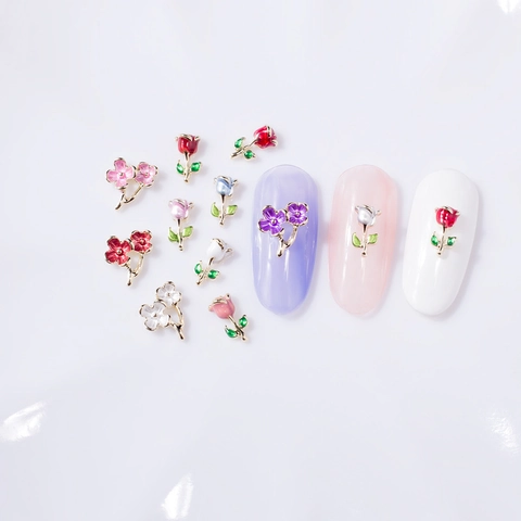 Abalorios 3D Para Arte De Uñas Forma De Flor Rosa Aleación Metal Esmalte Gota De Aceite Decoración Manicura DIY Piezas Florales