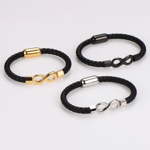 Pulsera De Cuero Trenzado Símbolo Infinito Acero Inoxidable Cierre Magnético Joyería De Moda Para Hombres