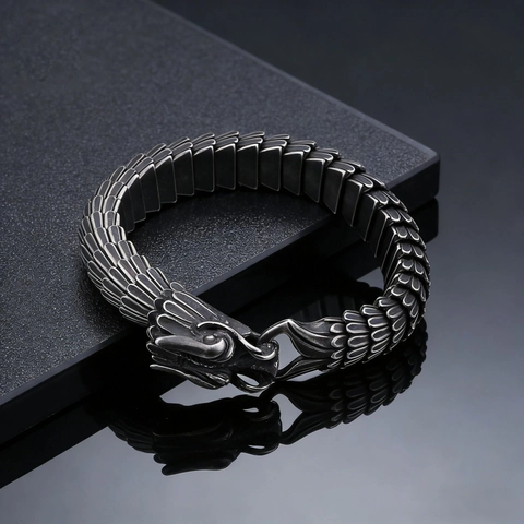 Pulsera De Dragón De Acero Inoxidable Para Hombre Retro Punk Textura De Escamas De Dragón Talladas Joyas De Brazalete Pesado