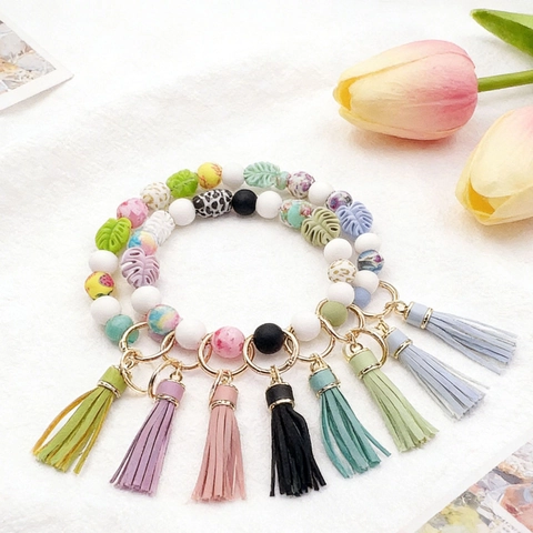 Lebensmittelechtes Silikon Perlen Schlüsselanhänger Armband Kunstleder Quaste Blatt Anhänger Auto Schlüsselring Für Damen