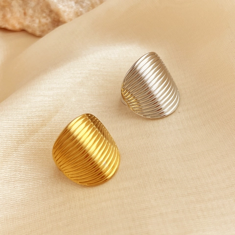 Bague Nervurée Ovale Acier Inoxydable Plaqué Or 18K Ajustable Bijoux Géométriques Vintage