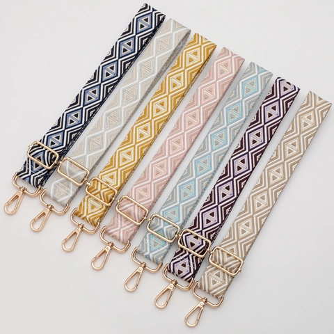Wide Bag Strap Adjustable Shoulder Crossbody Replacement Polyester Cotton Webbing Ethnic Geometric Diamond Pattern Gold Metal Hooks