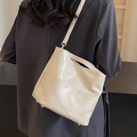 Bucket Bag Gekörntes PU Leder Große Kapazität Handtasche Umhängetasche Für Damen Pendeln Lässig Schick
