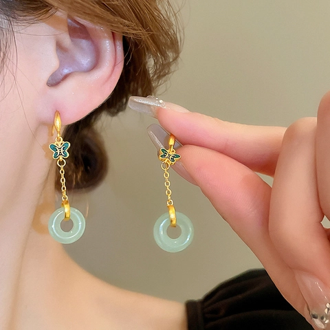Vintage Chinese Style Butterfly Drop Ear Hook Earrings With Copper Steel Post And Green Imitation Jade Round Pendant For Women