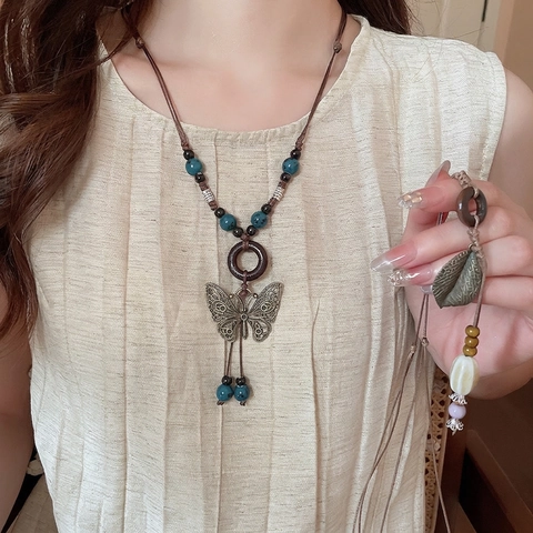 Collana Lunga Etnica Boho Vintage Con Pendente A Farfalla In Lega Perline In Legno E Ceramica