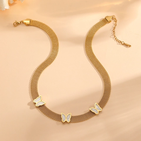 Colar De Mariposa Acero Inoxidable Chapado En Oro Malla Cadena Plana Elegante Colgantes Concha Joyería Para Mujer