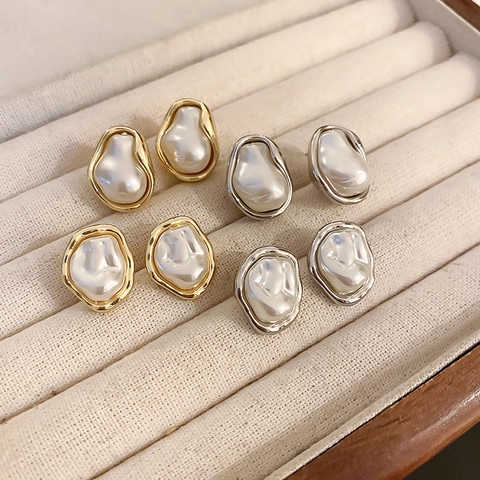 Baroque Irregular Faux Artificial Pearl Stud Earrings With 925 Sterling Silver Earring Post Vintage French Style Alloy For Women