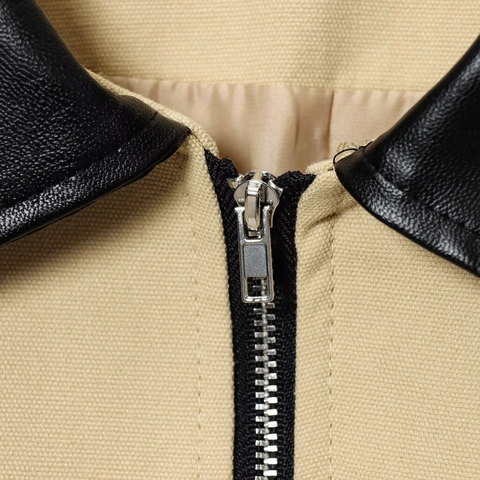 Chaqueta Casual Mujer Lona Algodón Y PU Cuero Contraste Patchwork Streetwear Cremallera Retro Cuello Vuelto Ropa De Abrigo