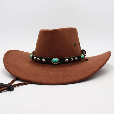 Cappello da Cowboy Western per Uomo Donna Classico Fedora in Feltro a Tesa Larga Con Fascia Decorativa Turchese e Corda Antivento Stile Etnico Cappello da Sole All'aperto