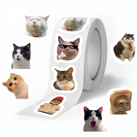 Funny Meme Cats Stickers Roll For Scrapbooking Decorative Waterproof Washi Paper Stickers Envelope Sealing Kids Gift