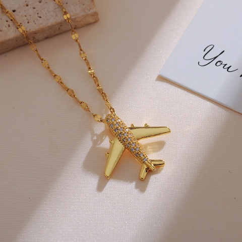 Mode Vergoldet Kupfer Flugzeug Anhänger Halskette Mit Pavé Strass Für Damen Minimalistische Schlüsselbeinkette Schmuck