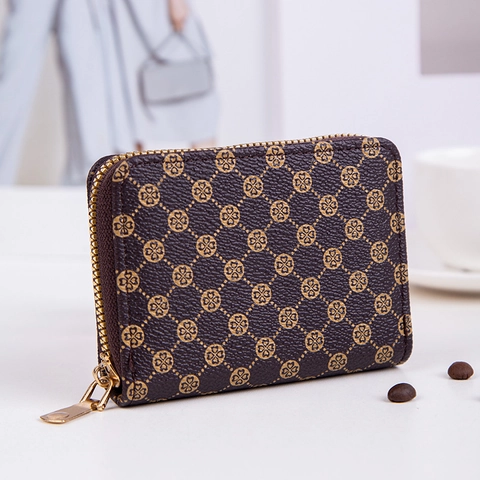 Women Zipper Card Holder Wallet Vintage Monogram Clover Print PU Leather Mini Accordion Coin Purse Daily Fashion Accessory