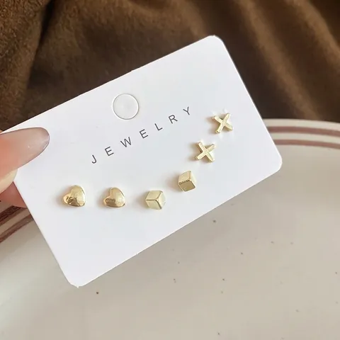 Boucles D'oreilles Géométriques Alliage Plaqué Or Avec Tige En Argent Sterling 925 Coeur Cube Croix Quotidien Pour Femmes