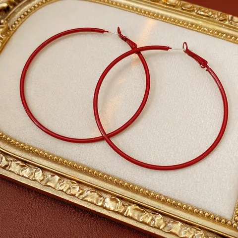 Große Rote Kreolen Mit Silbernem Ohrstecker Rund Retro Minimalist Mode Schmuck Für Damen