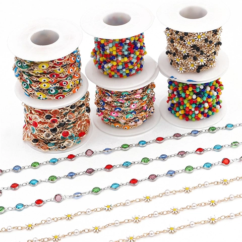 DIY Jewelry Making Chain Copper Evil Eye Daisy Flower Crystal Glass Beaded Chain For Necklace Bracelet Accessory Handmade