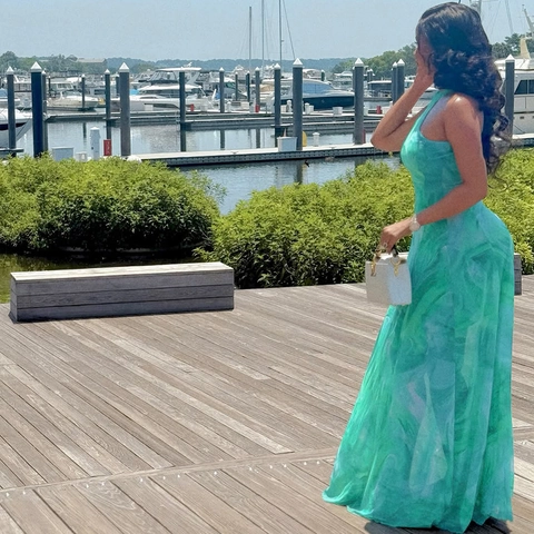 Vestito Maxi Allacciato Al Collo Senza Maniche Stampa Marmo Verde Mesh Abito Lungo Da Vacanza Per Donna