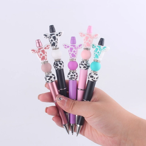 Cartoon Animal Beaded Ballpoint Pen Silicone Cow Giraffe Head Rhinestone DIY Decorative Writing Tool Office Stationery