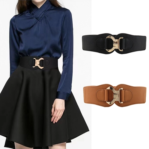 Women Wide Corset Belt Elastic Waist Band With Geometric Alloy Metal Buckle PU Leather For Dress Coat