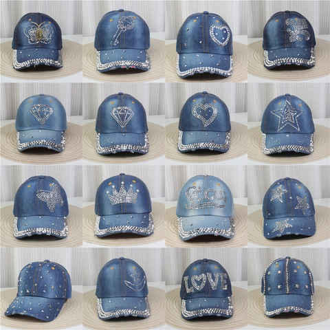 Women Fashion Denim Baseball Cap Rhinestone Artificial Pearl Rivet Washed Cotton Distressed Sun Hat Y2K Punk Bling Casual Adjustable