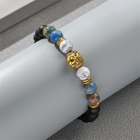 Lion Head Beaded Bracelet For Men Natural Stone Imperial Jasper Howlite Matte Beads Alloy Lion Charm Stretch Bracelet Jewelry