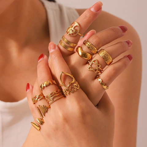 Fashion Stainless Steel Adjustable Open Rings 18K Gold Plated Heart Geometric Minimalist Jewelry For Women