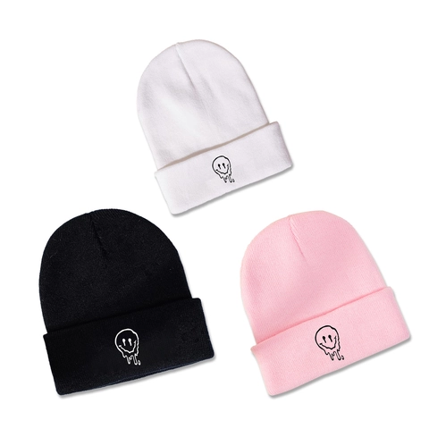 Melting Smiley Face Knitted Beanie Hat Soft Acrylic Warm Winter Autumn Trendy Streetwear Unisex Outdoor Headwear