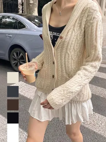 Cardigan Donna Maglia Trecce Acrilico Scollo A V Bottoni Manica Lunga Casual Allentato Con Tasche Tinta Unita